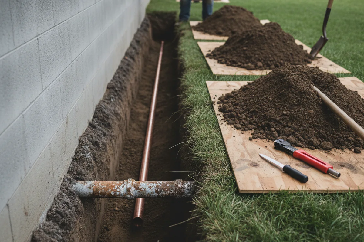 Excavated water line trench during Sewer Line Repair in Mc Sherrystown